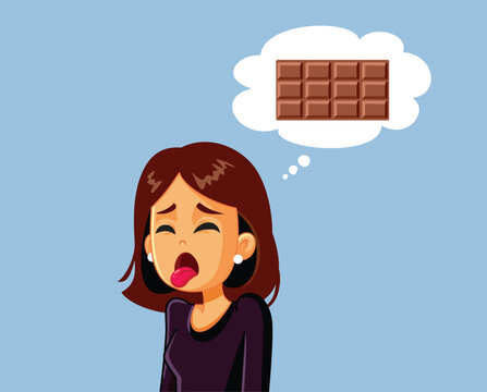 Woman Being Disgusted Hating Chocolate Vector Cartoon Illustration. Young female showing revulsion towards chocolate with a thought bubble showing a bar