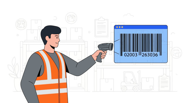 Warehouse worker scans barcode on digital display with handheld scanner