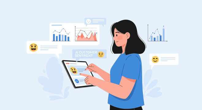 AI analyzes customer sentiment with charts and emoticons on tablet