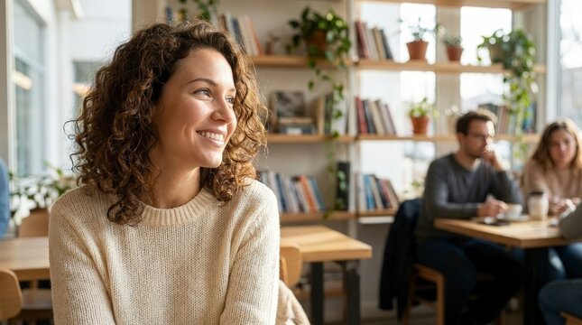 Woman smiling in a cafe with books and plants