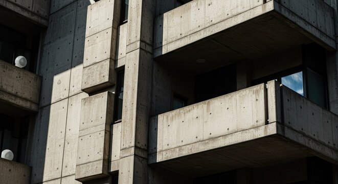 A close-up exterior view of a tall building with multiple balconies and a concrete facade in the city.