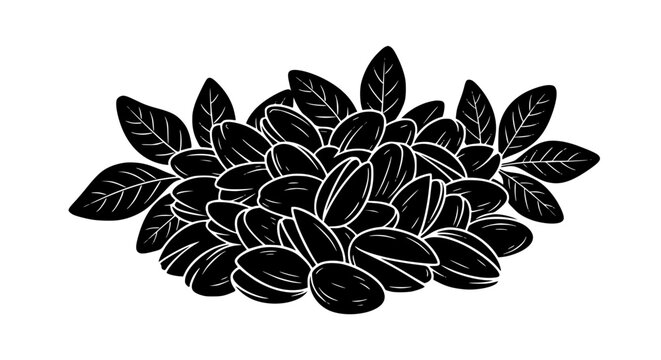 Vector illustration of roasted coffee beans pile with leaves in black silhouette