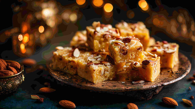 Traditional Indian sweets barfi stack with almonds festive dessert still life photography