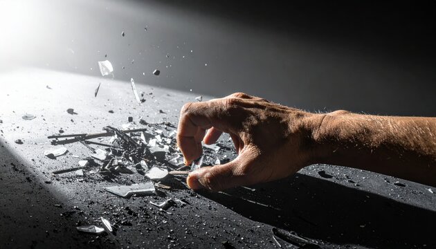 Hand Reaching Carefully for Shattered Glass Shards