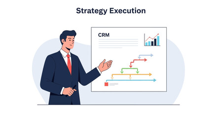 Obraz premium Business Man Presents CRM Strategy Execution and Workflow Flowchart