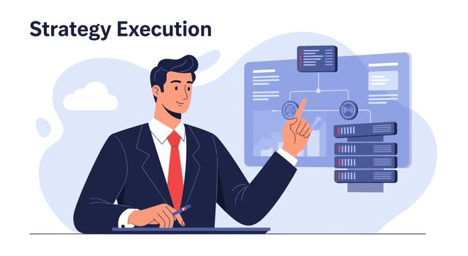Business Man Showing Strategy Execution Plan on Screen