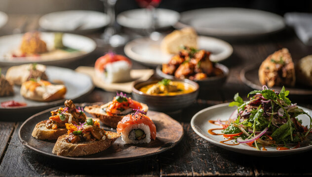Gourmet appetizer platter with salmon sushi and bruschetta on wooden table