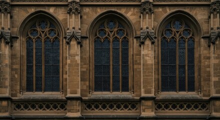 Fototapeta premium Three large Gothic windows on a brown stone building exterior wall