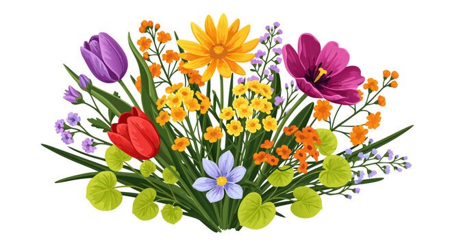 A vibrant and beautiful spring bouquet illustration, featuring a colourful array of tulips, daisies, and other blossoms in a delightful vector design