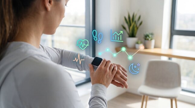 Woman wearing smartwatch looking at health data futuristic fitness tracking interface digital wellness icons sleep monitoring graph heart rate analysis chart step counter display