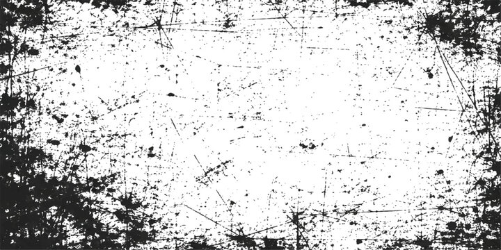 Abstract grunge background design featuring a dark black ink splash and dirty paint splatter texture on an old vintage paper wall pattern with a vector art border frame