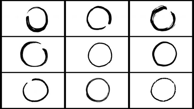 Abstract animation of drawing a circle with a brush. Animation. Circle drawn in black ink on a white background