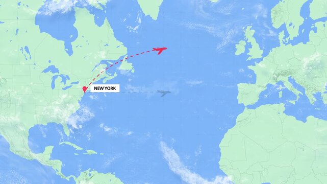 New York to Bari Flight Path Map Animation - Green and Blue Map