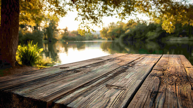 Lakeside picnic table with forest reflections and serene nature landscape view