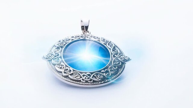 Glowing blue pendant with intricate Celtic silver frame pulsating with radiant light