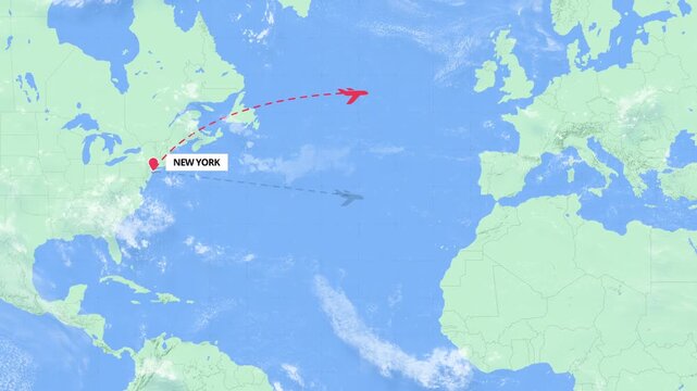 New York to Cairo Flight Path Map Animation - Green and Blue Map
