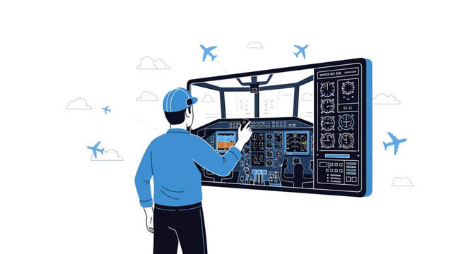 Pilot Interacting with Modern Aircraft Cockpit Simulation on Screen
