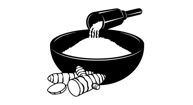 Turmeric powder in a bowl with fresh turmeric roots illustration