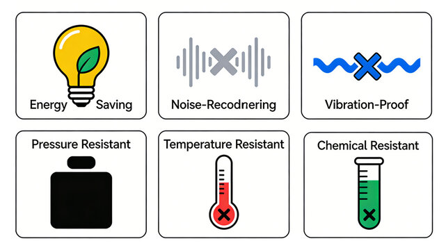 Light bulb, sound wave, square icon, energy-saving, noise reduction, shock resistance, pressure resistance, temperature resistance, and chemical corrosion resistant hard core protection performance.
