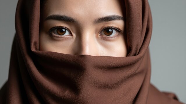 Veiled Gaze: A captivating close-up portrait of a woman whose eyes speak volumes, partially veiled in a modest covering, reflecting a depth of emotion and serene beauty.