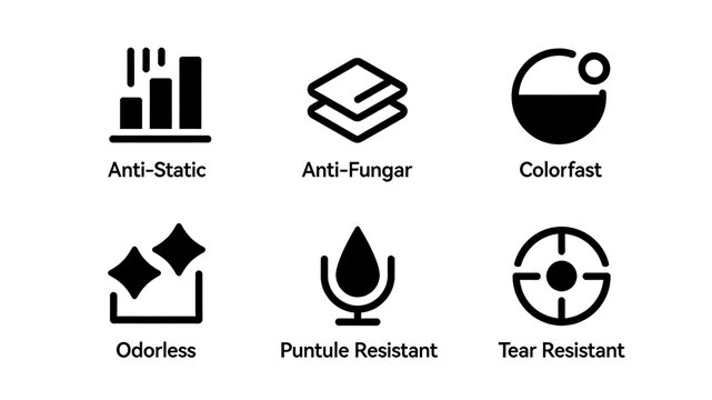 Bar chart, laminated and bowl shaped icons, durable performance of textile material with anti-static, mildew proof, color fixing, odorless, puncture and tear resistance.

