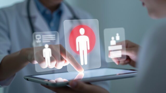 Healthcare Technology: A medical professional interacting with a futuristic digital interface, showcasing innovative patient care and data analysis. 