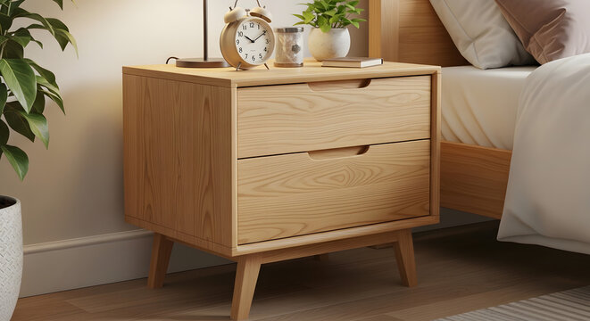Mid century wooden nightstand beside bed in cozy bedroom scene