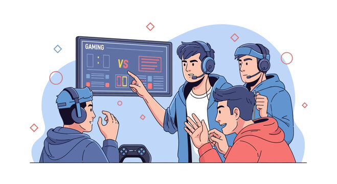 Esports Team Strategy Meeting: Players Discussing Game on Screen