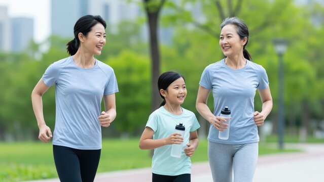 Joyful Jogging: A heartwarming image of three women from different generations jogging and smiling in a park, enjoying quality time together.
