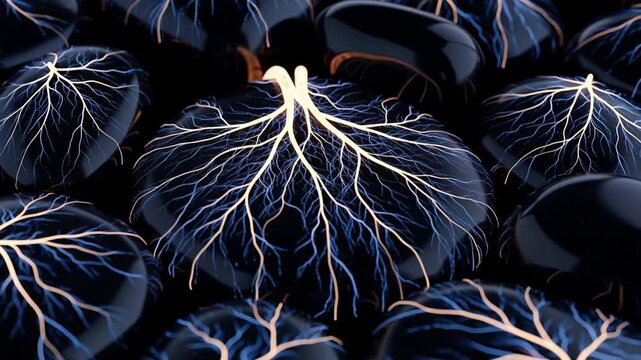 Animated Glowing Nerve Patterns on Dark Abstract Cells, Close-up, for Science and Technology