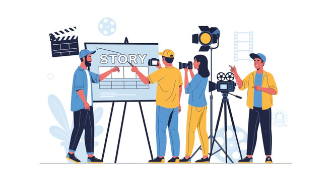 Filmmaking Team Creating Storyboard for Movie Production