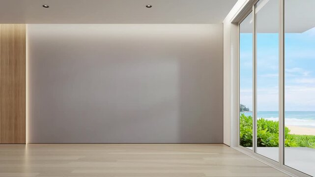 Minimalist empty living room with wooden floor and wall panels 3d rendering. Blue sky ocean beach view through large sliding glass door of calm interior for vacation relaxation.