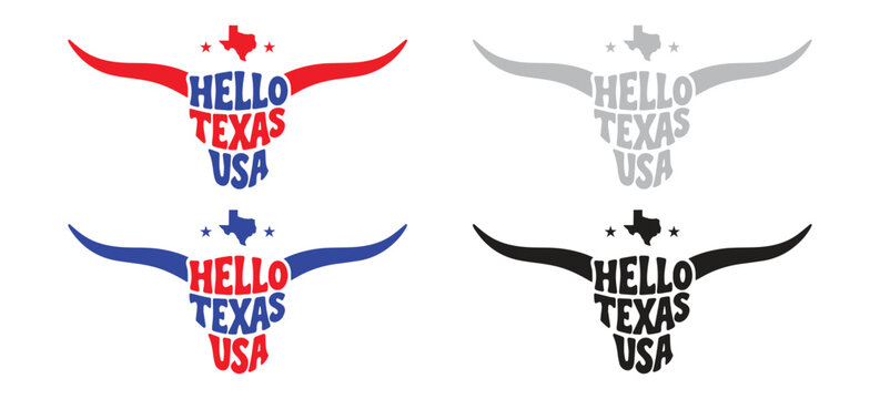 "Hello Texas USA" retro groovy typography inside a longhorn skull outline. Four color vector versions. Perfect for t-shirts, stickers, western merchandise, and print-on-demand designs.