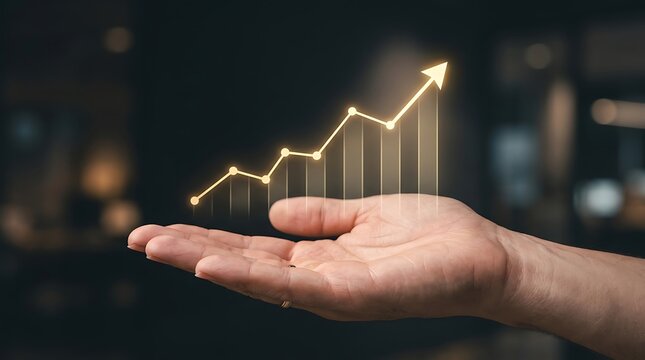 Glowing financial growth chart above open hand, rising business progress graph with arrow, golden success data visualization for investment