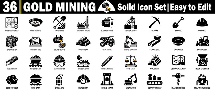 Gold mining solid icon set for heavy industry and mineral extraction.