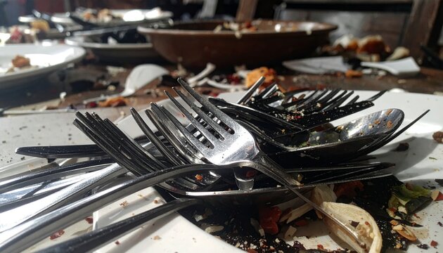 Pile of Bent and Twisted Cutlery Amidst Kitchen Debris