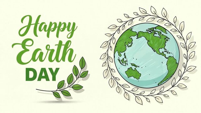 Animated Happy Earth Day text with rotating globe and leaf wreath, graphic design for environmental celebration.