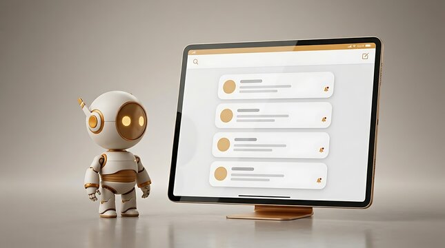 Futuristic AI chatbot assistant standing next to tablet screen, artificial intelligence robot helping with digital messaging, 3D character for customer support