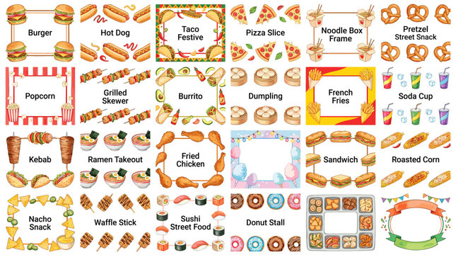 Fast food menu vector set with pizza, burgers, fries, donuts, tacos, sandwiches, coffee, soda, waffles, ice cream and restaurant label designs