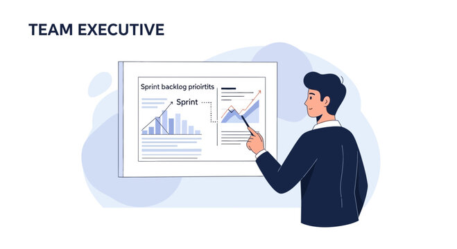 Man presenting sprint backlog priorities with charts and graphs