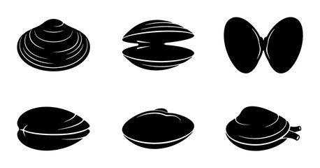 Set of Six Black Clam Shell Icons, Seafood Mollusk Vector Graphics, Ocean Bivalve Collection for Culinary and Marine Designs © Nadiya