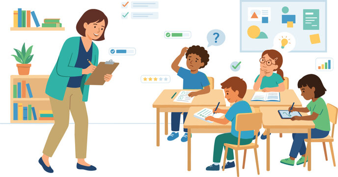 Female teacher evaluating and assessing diverse elementary students in a modern classroom setting with educational progress icons and charts.