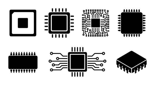 Set of 7 Microchip Icons, Computer Processor Vector Graphics, Electronic Component Symbols, Digital Technology Circuitry, Modern Hardware Illustrations