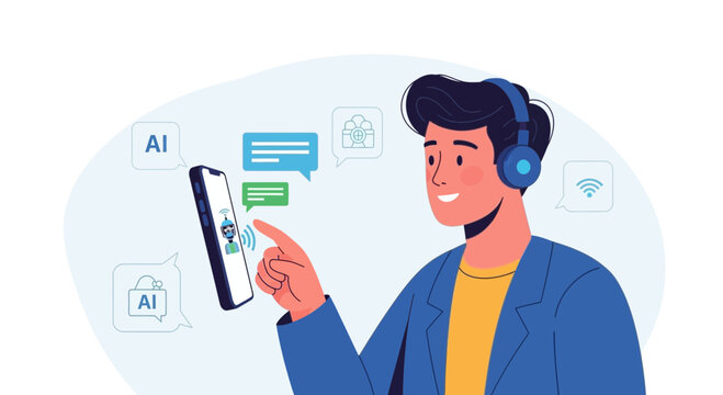 Man with Headphones Interacting with AI on Smartphone