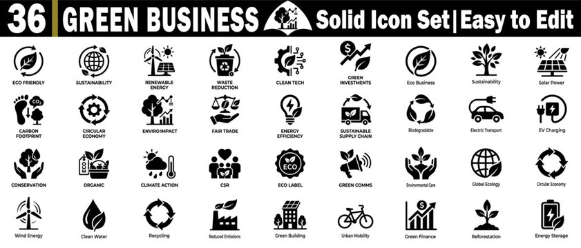 Green business solid icon set for sustainable economy and eco energy.