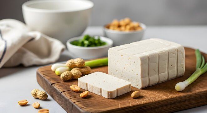 Tofu and peanut snack on wooden cutting board