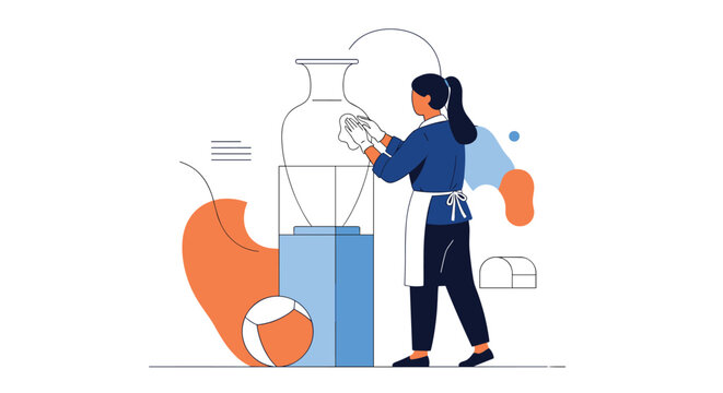 Professional worker cleans and dusts a large antique vase on display in an art gallery or a museum archive exhibition.