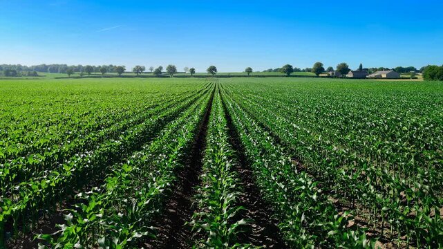 Vast green cornfield under clear blue sky with rows of young plants in sunny agricultural landscape