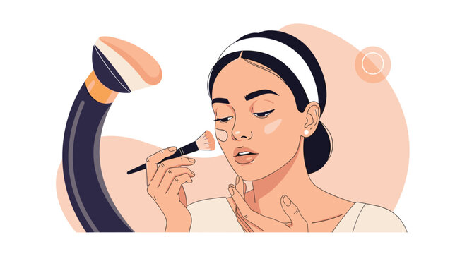 Professional beauty illustration of a woman applying foundation to her face using a cosmetic brush for a makeup tutorial guide.