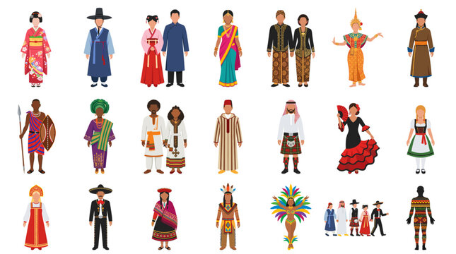 Traditional costume vector collection with diverse cultural clothing, folk dancers, national outfits, festival performers and ethnic character designs